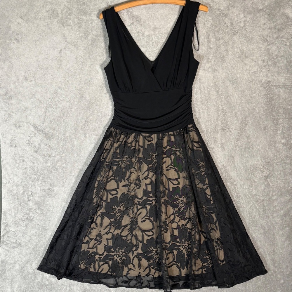 Black Floral Layerd Lace Ruched Waist Fit & Flare Midi Cocktail Dress Whimsigoth